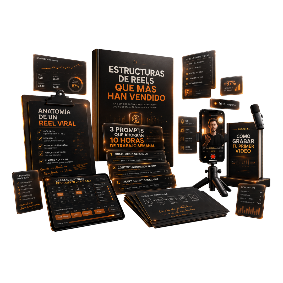 Composición editorial con los regalos del goteo: cheat sheet 'Anatomía de un Reel viral', libro 'Estructuras de Reels que más han vendido', 3 prompts que ahorran 10 horas, tutorial 'Cómo grabar tu primer video', sistema para grabar un mes de contenido en un día, y métricas de crecimiento.